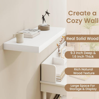 9.3 Inch Deep Floating Shelves, White Solid Wood Floating Shelf Wall Mounted, 36 x 9 Large Display & Storage Shelves for Books, Living Room, Bathroom, Rustic Wooden Wall Shelves, Heavy-Duty, Set of 2