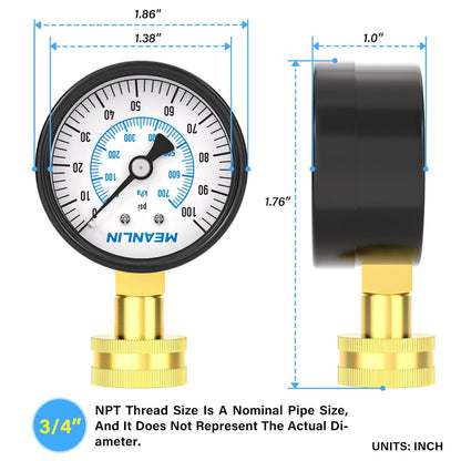 MEANLIN MEASURE 0-100psi Water Pressure Gauge,3/4" Female 2.5" FACE DIAL Water Pressure Test Gauge with Sealing Ring, Water Pressure Gauge for Home