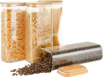 71oz Rectangle Airtight Glass Storage Containers with Bamboo Lids (Set of 4), Square Food Storage Jar, Pantry Organizers for Sugar, Flour, Spaghetti and Coffee beans (‎with Black Lable)