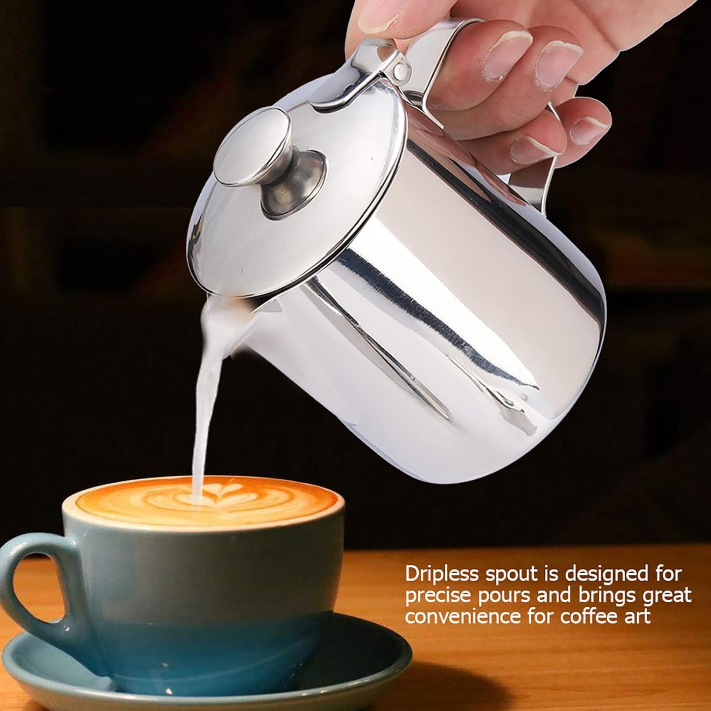 Stainless Steel Milk Frothing Pitcher, Stainless Steel Coffee Cup Mug Milk Frothing Pitcher Jug with Lid for Latte Coffee Art for Office Kitchen with handle(350ml)