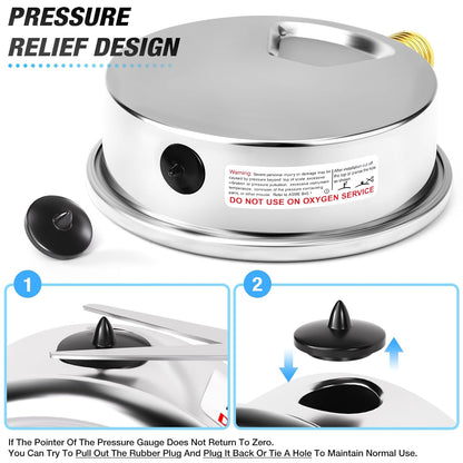 MEANLIN MEASURE 0~30Psi Stainless Steel 1/4" NPT 4" FACE DIAL Liquid Filled Pressure Gauge WOG Water Oil Air Lower Mount, with 1/2" NPT and 3/8" NPT Hex Bushing