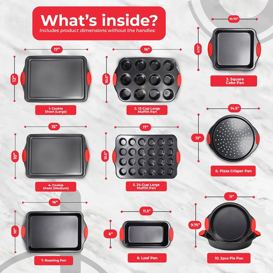 PERLLI Non-Stick 10-Piece Baking Pan Set, BPA-Free Carbon Steel Bakeware Set with Silicone Handles, Stackable Kitchen Oven Set, Cookie Sheet, Baking Tray, Baking Sheet Set, Oven Safe (446°F)