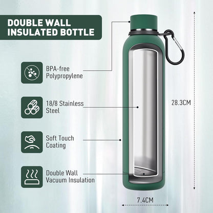 Slim Insulated Water Bottles for Travel 25oz with Clip, Double Wall Vacuum Stainless Steel Water Bottle Keeps Drinks Cold 24 Hrs/Hot 12 Hrs, 100% Leakproof, BPA Free(Emerald Green)