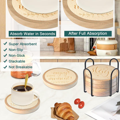 Coasters Sets of 6 Housewarming Gifts for Home Decoration Absorbent Coasters with Holder for Coffee Tabletop Protection 4.3 Inch Beige