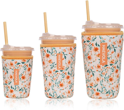 Reusable Insulated Neoprene Iced Coffee Cup Sleeve, Durable Drink Sleeve for Cold Beverages, Beverage Holder for Iced Coffee, Sunny Blooms