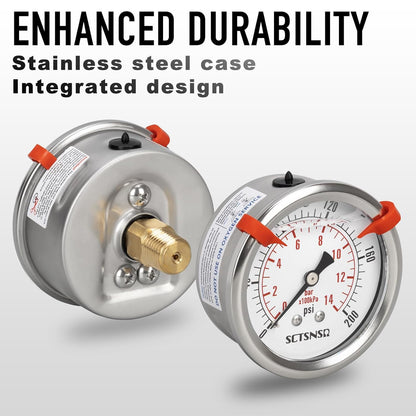 0 to 200 Psi Pressure Gauge, Glycerin Liquid Filled, 2.5 inch Dial, 1/4" NPT Back Mount, Stainless Steel Case, for Air Compressor, Shock, Water System, Well Pump, Tank, Pipe, Pressure Test