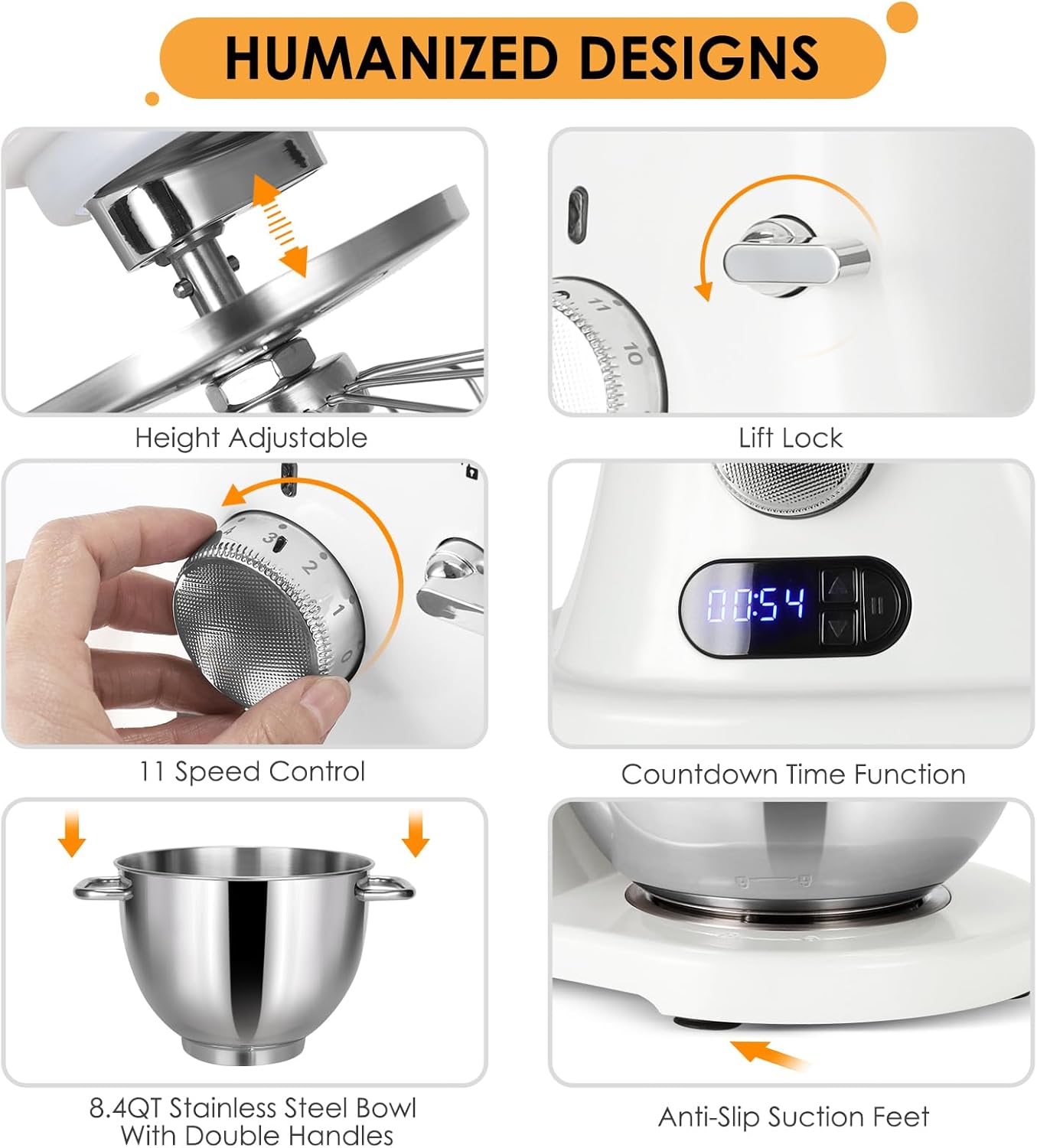 ZACME 8.4QT Commercial Stand Mixer 800W with NSF Certified and Aluminum Die Casting, Mixers Kitchen Electric Stand Mixer with Stainless Steel 8L Bowl, Dough Hook, Whisk and Beater, Porcelain