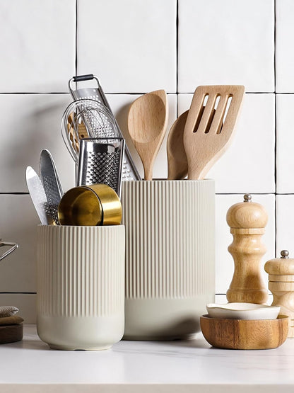 LE TAUCI Utensil Holder, 7.3"+5.4" Ceramic Kitchen Utensil Holder for Countertop, Large Cooking Utensil Crocks for Kitchen Counter, Morden Utensil Organizer for Spatula, Set of 2, Oatmeal Greige