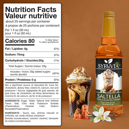 Syruvia SALTELLA Coffee Syrup Vanilla Salted Caramel - 25.4 fl oz - Kosher Coffee Syrups, Gluten Free, No Coloring, Perfect for Drinks, Soda, Shakes, Desserts, and More.