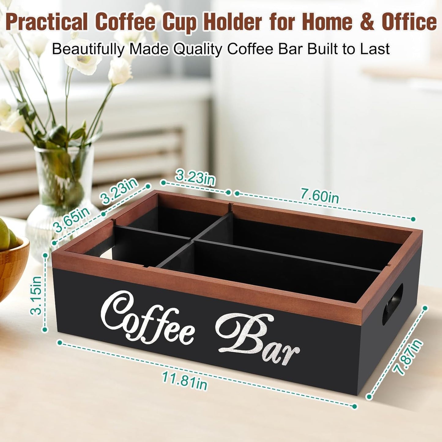 Wooden Coffee Organizer Holder with Divided Sections & Cutout Handle, Farmhouse Coffee Bar Organizer for Pods, Cups, Lids, Syrups, Stirrers & Accessories – Ideal Gift for Home or Office