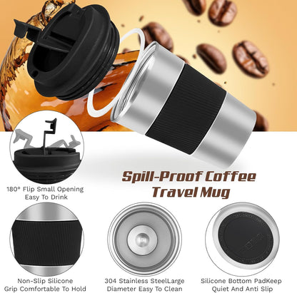 Vacuum-Insulated Stainless Steel Travel Coffee Mug, Leak-Proof Reusable Coffee Cup with Lid - Keep Hot & Cold Drinks for Hours, Durable Thermos Tumbler for Men & Women (3rd-Silver black, 12OZ)