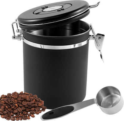 4PCS Coffee Storage Canister 1.5L Double Airtight Coffee Beans Container with Date Locator 304 Stainless Steel Kitchen Food Storage Container with Spoon for Tea Sugar,Black