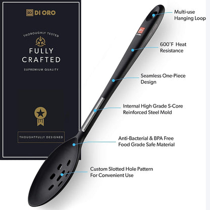 DI ORO Silicone Slotted Spoon - High Heat Silicone Spoon for Cooking & Serving - 600F Nonstick Safe - Dishwasher Safe (Black)