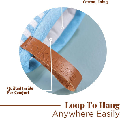 Folkulture Mini Oven Mitts Heat Resistant & Non Slip | (5.75 x 9) Set of 2 Blue Short Oven Mitts with Hanging Loop for Kitchen Decor | 100% Cotton Oven Gloves or Orange Kitchen Mittens Set