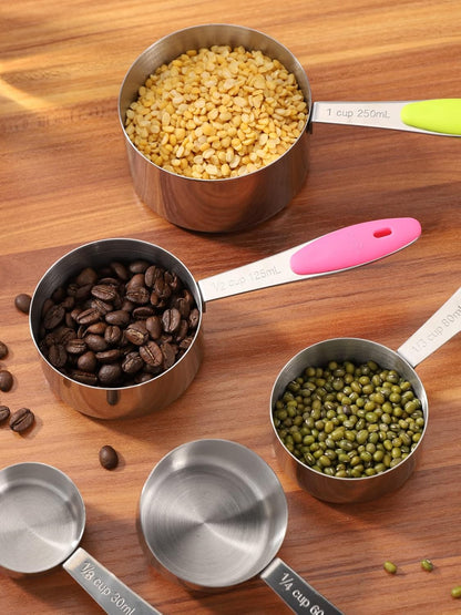 Joyhill Stainless Steel Measuring Cups and Spoons Set of 10 Piece, Nesting Metal Measuring Cups Set with Soft Touch Silicone Handles for Dry and Liquid Ingredients, Cooking & Baking (Colorful)
