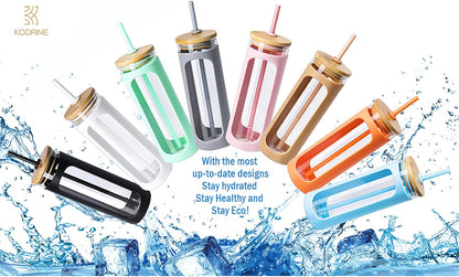 Kodrine 20oz Glass Tumbler with Straw and Lid, Bamboo Lids Water Bottle, Reusable Iced Coffee Cups, Wide Mouth Smoothie Cup with Protective Silicone Sleeve BPA FREE-White+Amber-2pack
