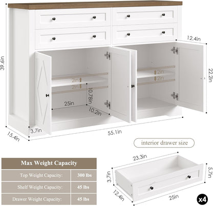 HOSTACK 55" Coffee Bar with 4 Large Drawers, 40" Tall Buffet Cabinet with Storage, Kitchen Storage Cabinet, Modern Farmhouse Sideboard Buffet, Adjustable Shelves for Living Room, White
