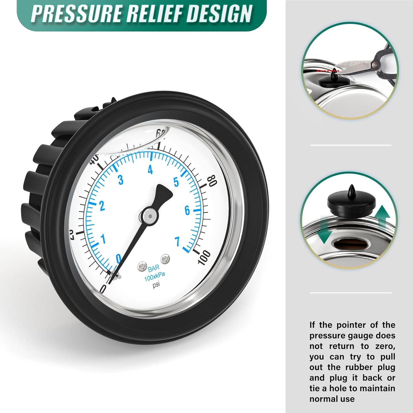 0-100PSI Stainless Steel Liquid Filled Pressure Gauge, 2.5" Dial Size, 1/4" NPT Back Mount, with Rubber Protective Sleeve, for Tube, Water Pump, Gas, Liquid, Pressure Test