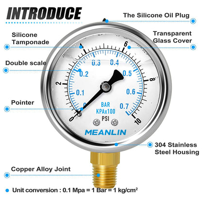 MEANLIN MEASURE 0~10Psi Stainless Steel 1/4" NPT 2.5" FACE DIAL Liquid Filled Pressure Gauge WOG Water Oil Air Lower Mount, with 1/2" NPT and 3/8" NPT Hex Bushing