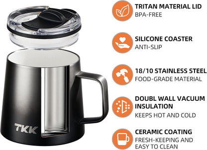 TKK 12 oz Insulated Coffee Mug with Handle Ceramic Coating Detachable Slider Lid Stainless Steel Tumbler Double Wall Vacuum Travel Cup