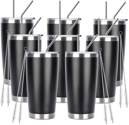 Pandance 20oz Stainless Steel Insulated Tumblers with Lid and Straw Bulk, Double Wall Vacuum Water Cups for Hot & Iced Coffee Drinks Travel Mug (Black, 8 pack)
