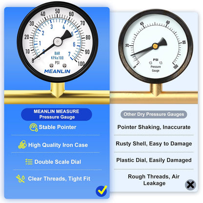 MEANLIN MEASURE 0-100Psi 2" DIAL FACE 1/8" NPT Well Pump Pressure Gauge, with 1/4" NPT and 3/8" NPT Hex Bushing, 3-2-3% Accuracy, Center Back Mount
