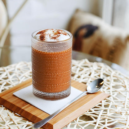 15 Oz Glass Cups with Lids and Straws, Vintage Embossed Glassware for Whiskey Cocktail Beer, Iced Coffee Cup with Lid (4 PACK)