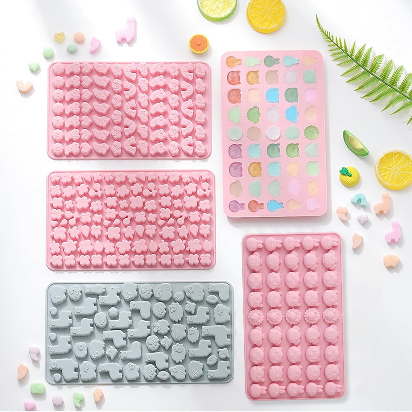 Animals & Flowers Silicone Candy molds, Non-Stick Gummy Bear Chocolate Gelatin Tray with 2 Droppers Creates 260 Alpaca, Clover, Animals, Rainbow & Cloud, Pack of 4