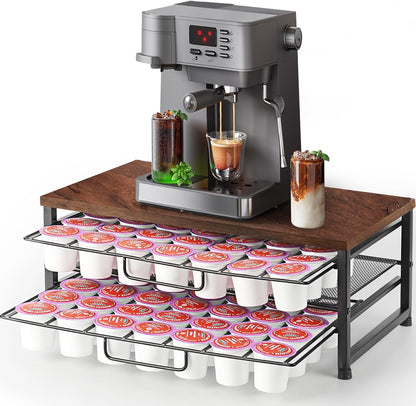 K Cup Holder Organizer for 70 Pods, 2-Tier Coffee Pod Holder for K-Cup with 2 Sliding Storage Drawers, Coffee Station Bar Organizer for Kitchen Countertop, Home & Office, Wooden