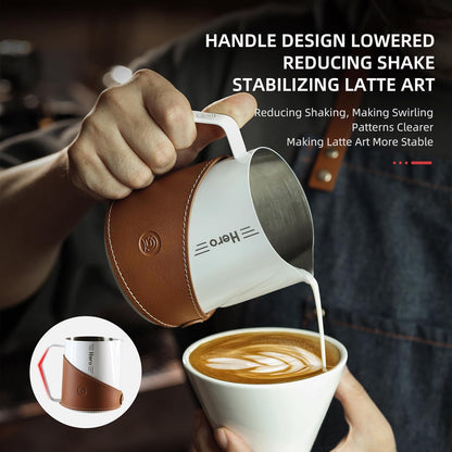 Milk Frothing Pitcher 450ml/16oz 304 Stainless Steel Espresso Steaming Pitcher with PU Leather, Milk Frothing Jug,milk frother cup,Milk Jug Cup,Premium Barista Tools,Latte Art (Black,16oz)