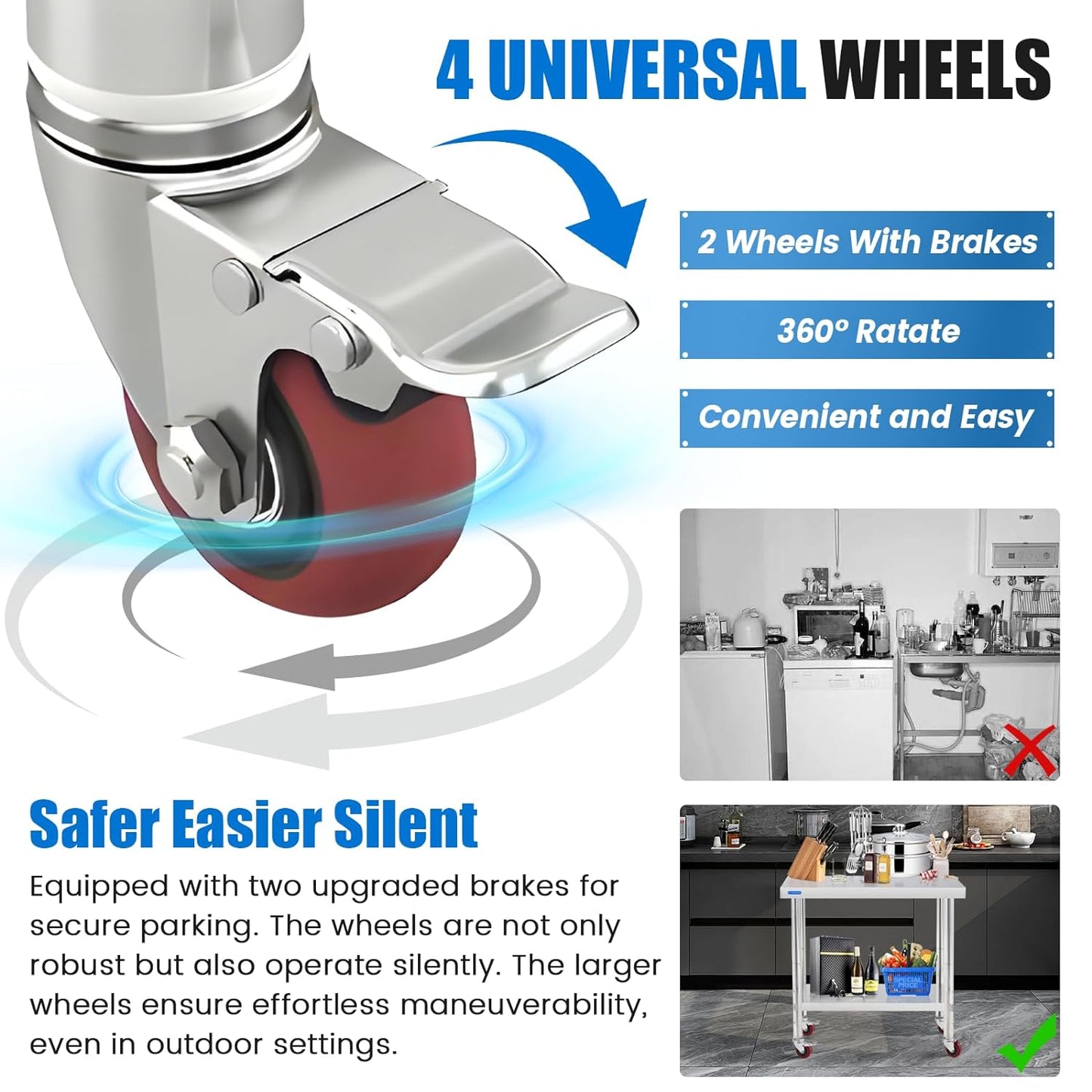 Stainless Steel Table for Prep & Work with 4 Caster Wheels with Backsplash 24 x 36 NSF Metal Commercial Kitchen Adjustable Under Shelf Worktable for Restaurant Home Outdoor