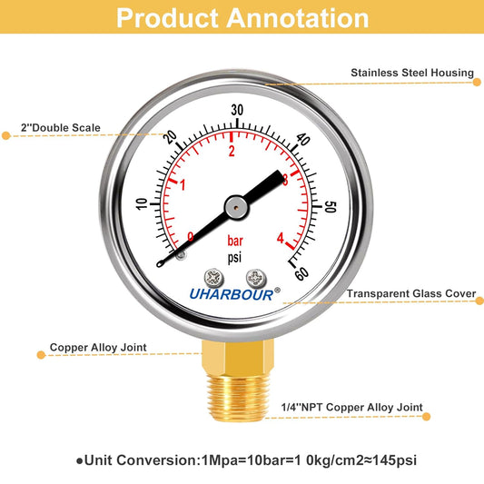 Lead-Free Water Pressure Gauge Liquid Filled 60 Psi 2" Dial, Stainless Steel Case, 1/4" NPT Lower Mount, Water Pressure Gauge for Home