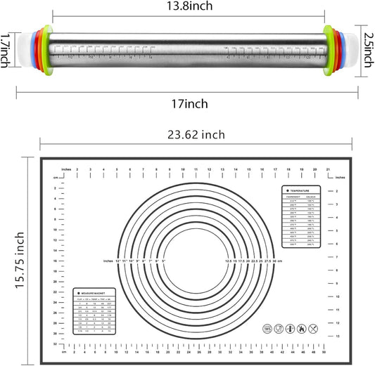 Rolling Pins, Stainless Steel Dough Roller, Rolling Pin and Silicone Baking Pastry Mat Set, Adjustable Rolling Pin with Thickness Rings for Baking Dough, Pizza, Pie, Pastries, Pasta, Cookies(Black)