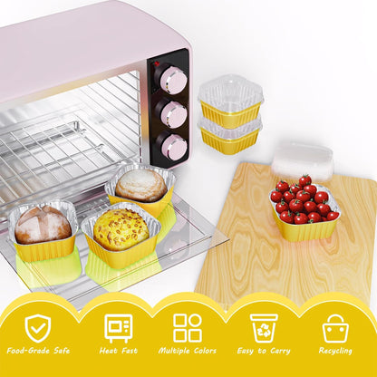 25 Pack Square Mini Cake Pans with Lids,Mini Loaf Pans with Lids,Aluminum Foil Baking Cups,Disposable Ramekins Cupcake Cups,Dessert Cups for Wedding Birthday Party Picnics,5oz (Gold)