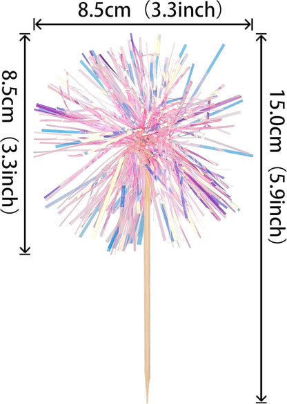 30 PCS Foil Firework Cupcake Toppers Happy Birthday Cupcake Toppers Sparkle Tinsel Flower Drink Stirrers Cocktail Fruit Toothpicks for Valentine's Day Baby Shower Party Cake Decor Supplies Pink