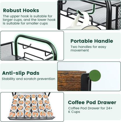 Coffee Bar Organizer, Station Mug Holder for Countertop, Multi-Functional 3 Tier Coffee Cup Tree Rack for Kitchen, Storage Shelf with 10 Hooks, K Cup Pod Organizer Drawer for Home Office