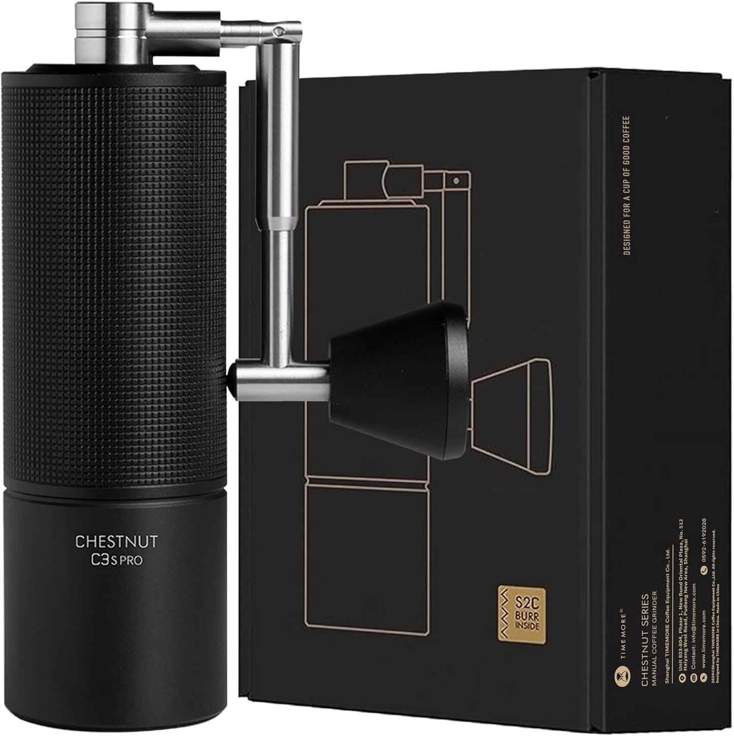 TIMEMORE Chestnut C3S Pro Manual Coffee Grinder, Stainless Steel S2C Conical Burr Coffee Grinder, Hand Coffee Grinder with Foldable Handle, Adjustable Grind Setting for Travel/Camping/Home, Black