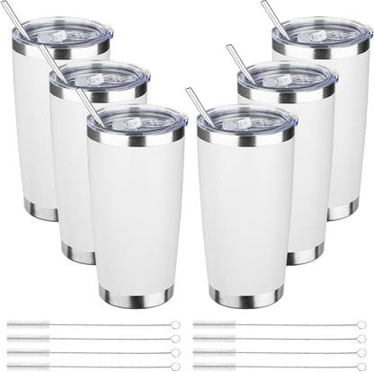 20oz Tumbler Bulk with Lid and Straw, Stainless Steel Double Wall Vacuum Insulated Travel Mug, Powder Coated Coffee Cups for Hot and Cold Drinks,Funny Gifts for Women Men(White,6)