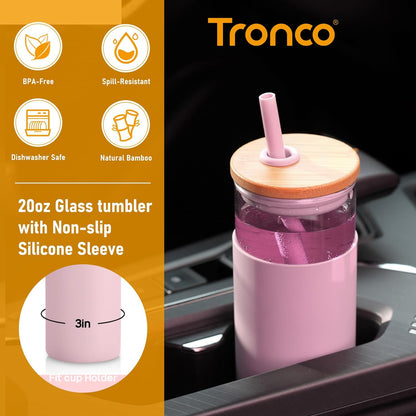 Tronco 20 oz Glass Tumbler With Lids and Straws, Glass Water Bottle Silicone Protective Sleeve, Iced Coffee Cup With Bamboo Lid, Reusable Smoothie Cup, BPA Free (Orange 1 Count)