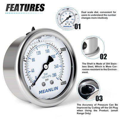 MEANLIN MEASURE 0~4000Psi Stainless Steel 1/4" NPT 2.5" FACE DIAL Liquid Filled Pressure Gauge WOG Water Oil Air Center Back Mount, with 1/4" x 1/2" NPT and 1/4" x 3/8" NPT Hex Bushing