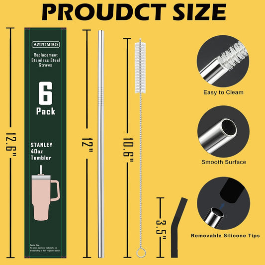 6 Pack 12 Inch Metal Stainless Steel Reusable Straight Straw,with 6Silicone Tips and 2Cleaning Brush,for 40oz Stanley, Hydrapeak, Owala Tumbler,Simple Modern 32 40oz Tumbler(8mm 3S3B)