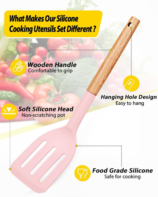 Pack of 4 Silicone Cooking Utensils Set, Non Stick Solid Spatulas and Heat Resistant Slotted Spoons with Wooden Handle, Ideal Wood Kitchen Utensils Set for Frying,Serving,Turning,Stirring (PINK)