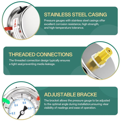 0-15psi Stainless Steel Glycerin Liquid Filled Pressure Gauge 1/4" NPT 2.5" Face Dial Center Back Mount, for Water, Oil and Air Pressure Testing (with Range Mark Pointer)