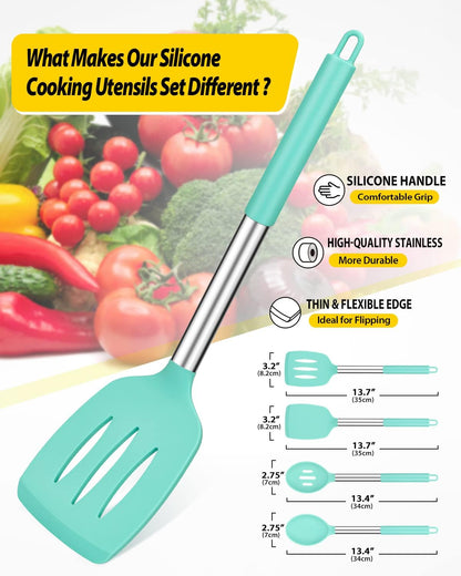 Pack of 4 Silicone Cooking Utensils Set, Non Stick Large Solid Spatulas, Heat Resistant Blue Slotted Spoons, Ideal BPA Free Kitchen Turners for Frying, Mixing,Serving,Draining,Turning,Stirring
