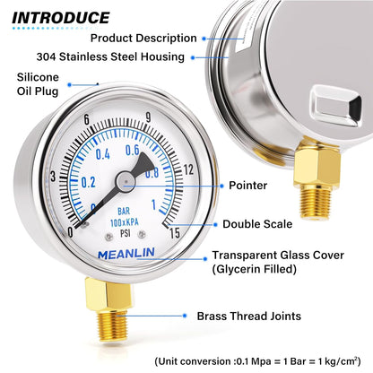 MEANLIN MEASURE 0~15Psi Dry Low Pressure Gauge Stainless Steel 1/" NPT 2" FACE DIAL Waterproof for Water Oil Air Well Pump Tank Tire Pressure Test Lower Mount, with 1/4" NPT and 3/8" NPT Hex Bushing