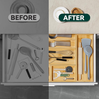 Bamboo Drawer Organizer, Narrow Stackable Cutlery Tray for Kitchen, 2 Pcs Silverware & Utensil Box, 12" x 3" x 2" (Outer), 11.3" x 2.3" x 1.77" (Inner)