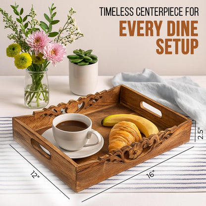 Mela Artisans Orchid Design Wooden Decorative Tray with Handles | 16x12x2.5 Mango Wood Ottoman Tray | for Kitchen Countertop | Coffee Table | Snacks | Desserts | Breads | Bedroom Decor