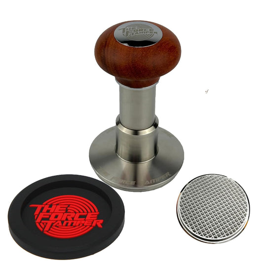 The Force Tamper Automatic Impact Adjustable Constant Pressure and Autoleveling Coffee Tamper Reddish Brown Jellyfish Wooden Handle Set Pro (Waffle-Set, 58.50mm)