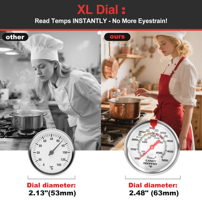 Upgraded Candy Thermometer Waterproof - Oil Thermometer for Frying with Clips - 9" Side of Pot Rainbow dial Thermometer Deep Fry for Oil Candy Candle BBQ - Silver XL
