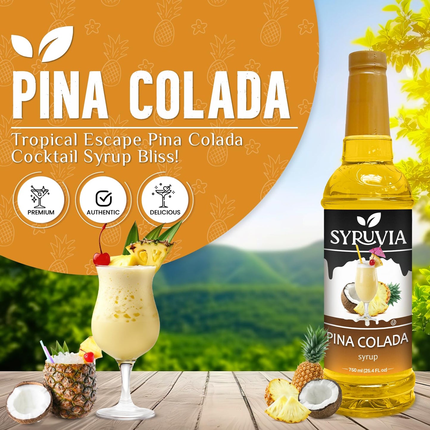 Syruvia Pina Colada Syrup - Premium Flavoring Syrup for Tea, Italian Sodas, Beverages, Desserts, Ice Cream, Cocktails & Mocktails - Kosher, Gluten Free - 25.4 fl oz.